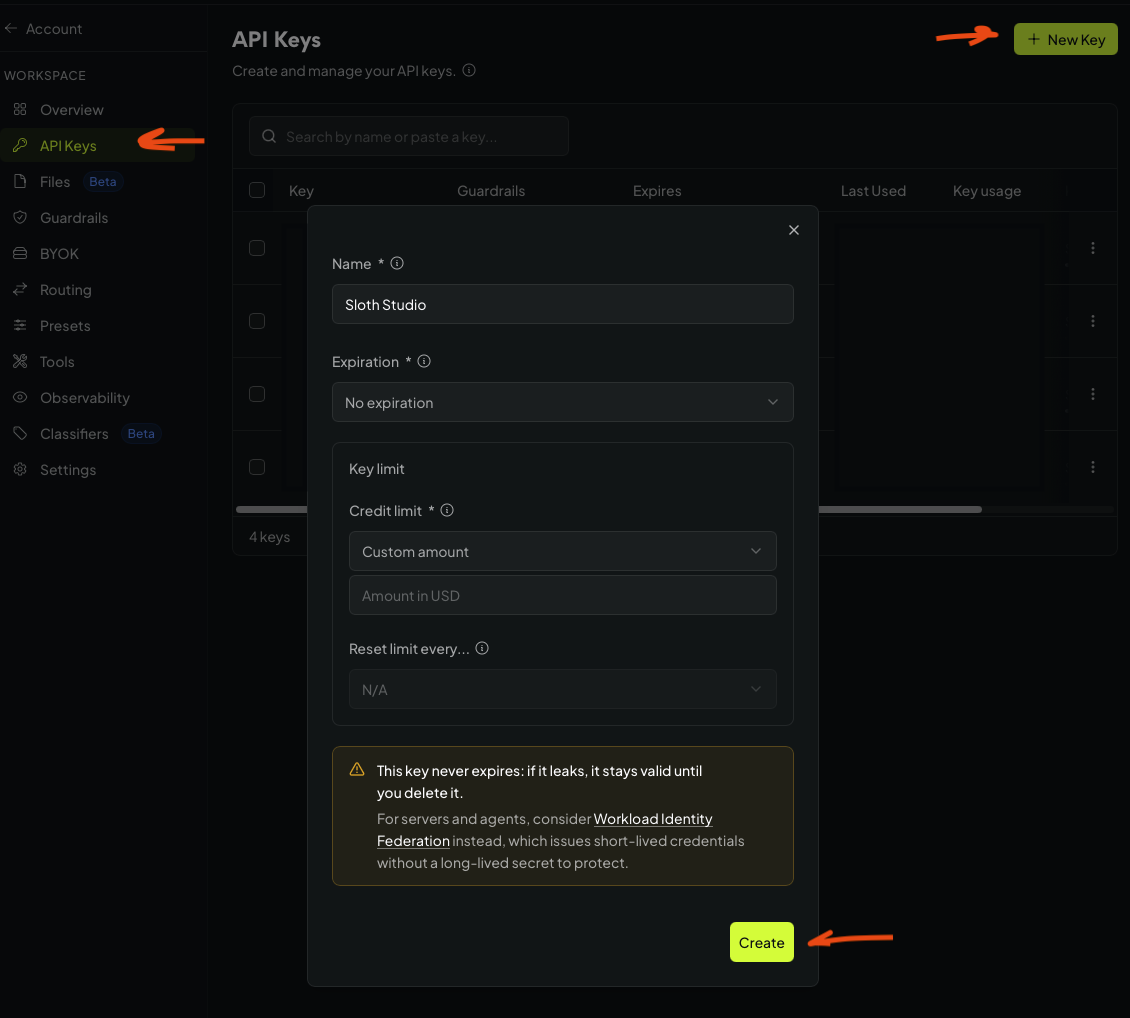 OpenRouter API Keys screen: choose API Keys, + New Key, then Create.